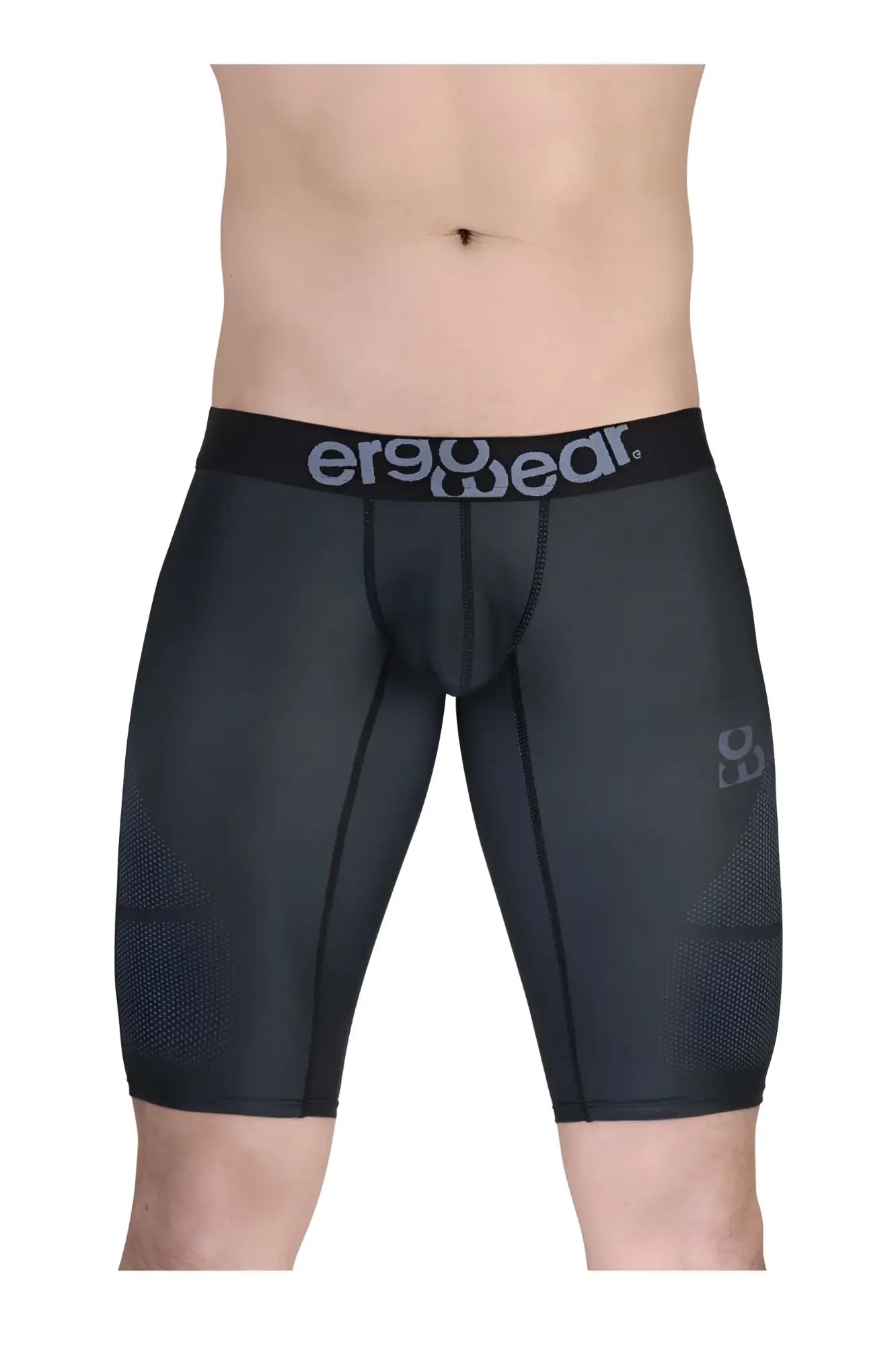 Black ergonomic compression shorts with gray ergo wear waistband and mesh thigh panels in dark gray color