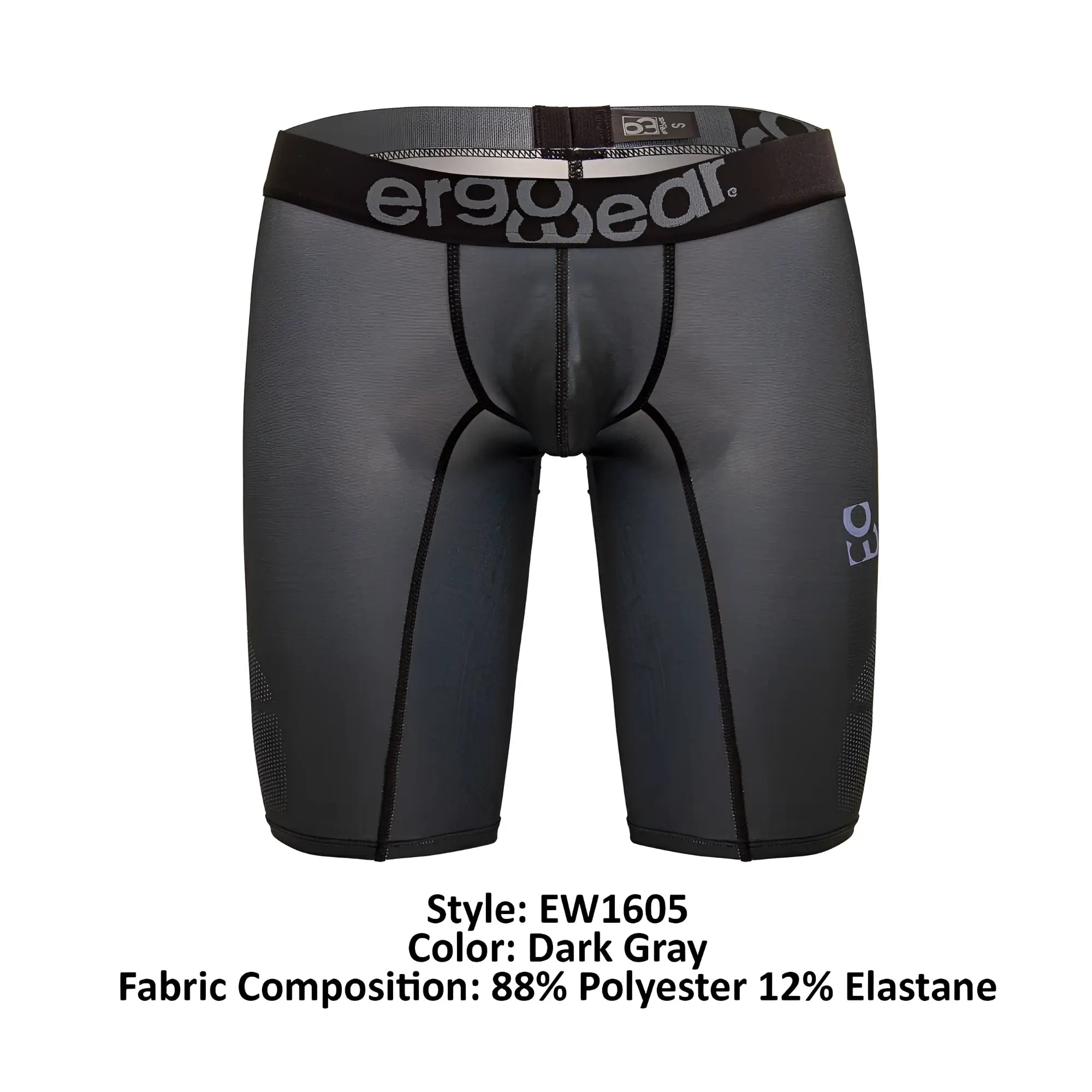 Dark gray ergo wear ew1605 max se athletic compression shorts with black waistband made of 88% polyester 12% elastane