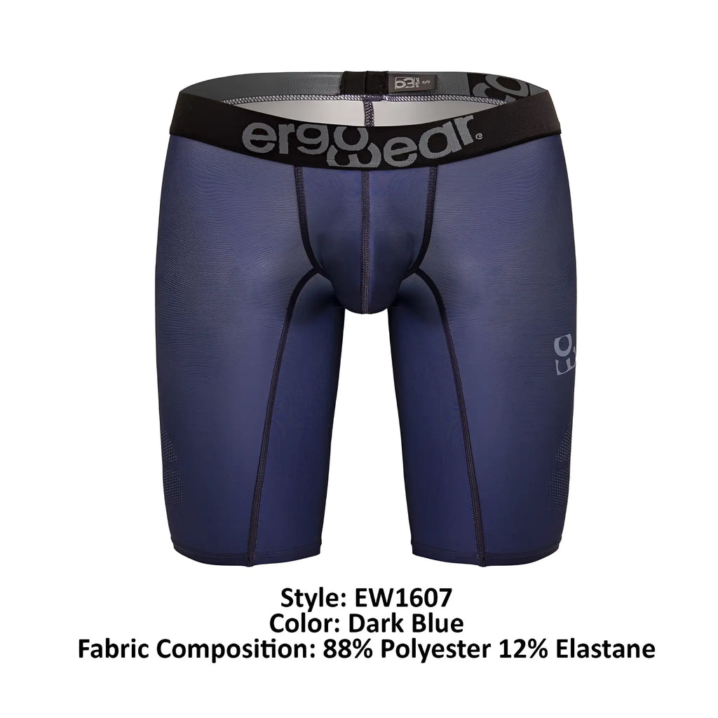 Dark blue ergonomic compression shorts with black ergowear waistband designed for athletic performance