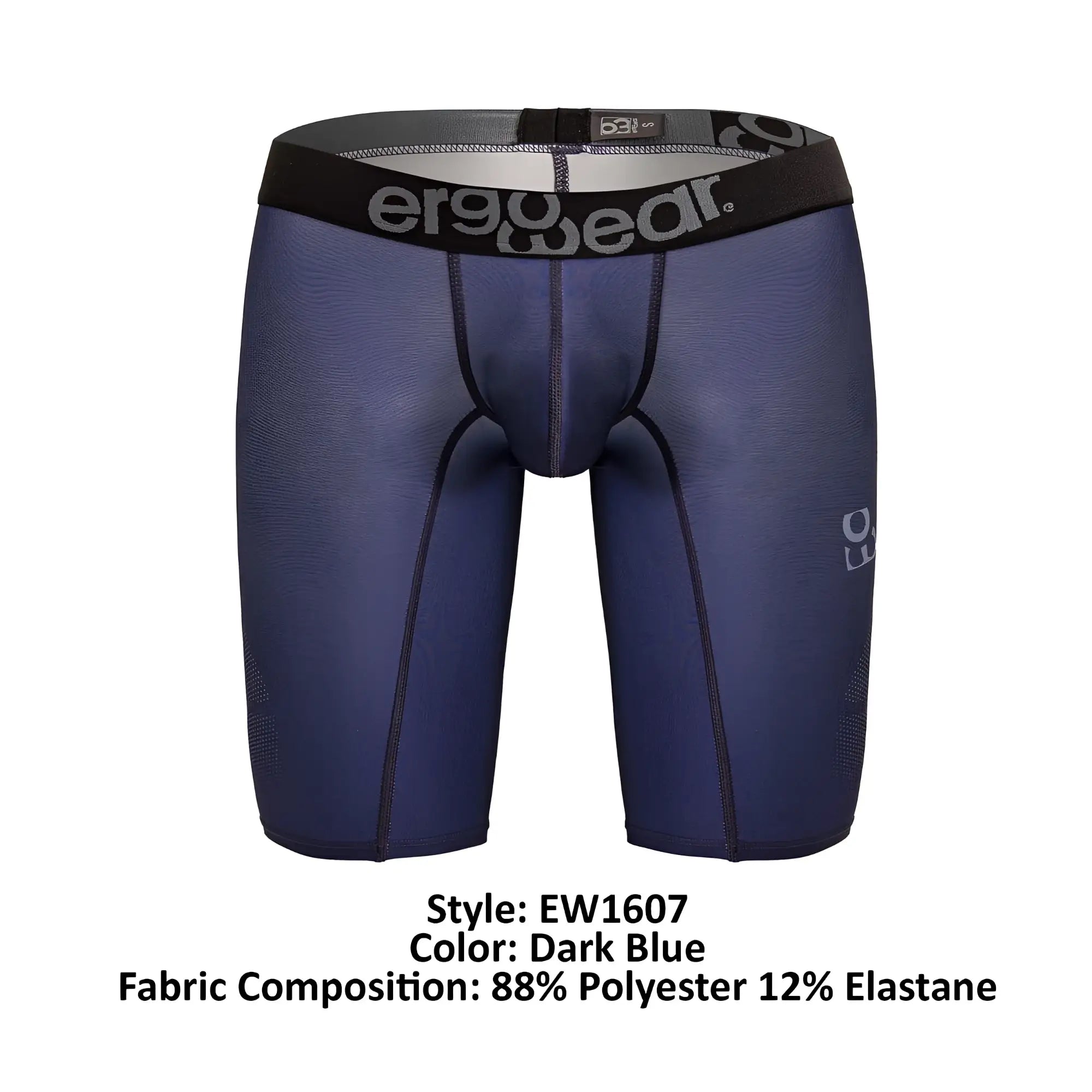 Dark blue ergonomic compression shorts with black ergowear waistband designed for athletic performance