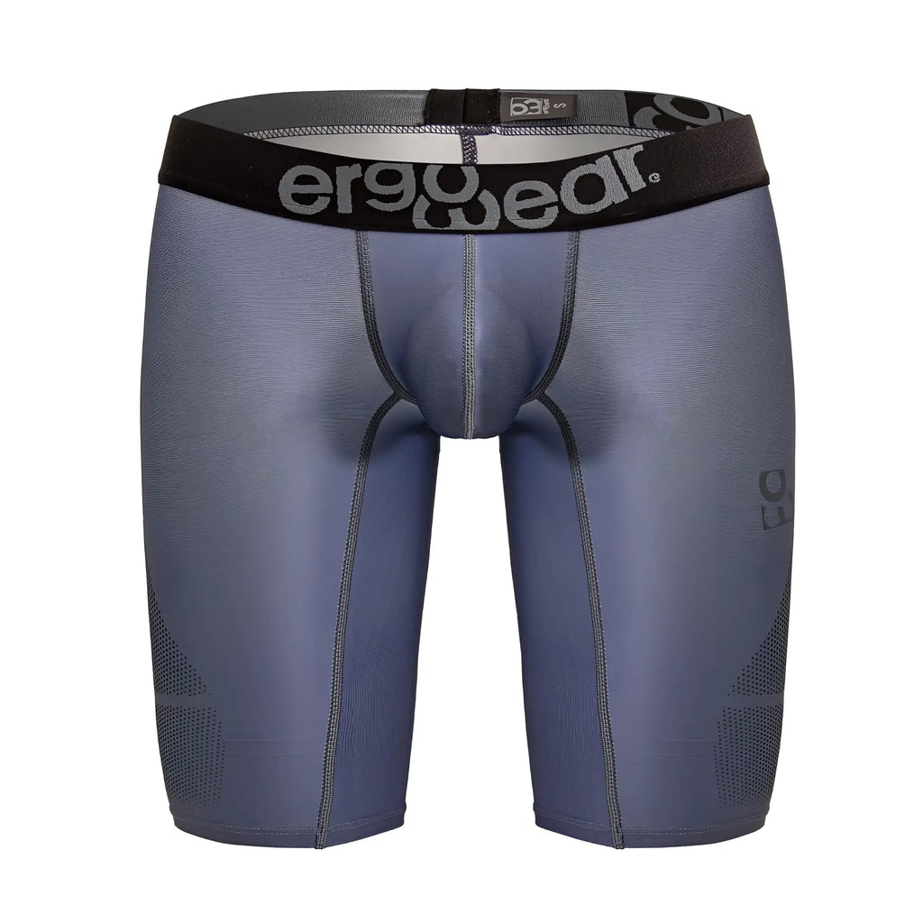 Gray ergonomic compression athletic shorts with black waistband and perforated panels for enhanced breathability