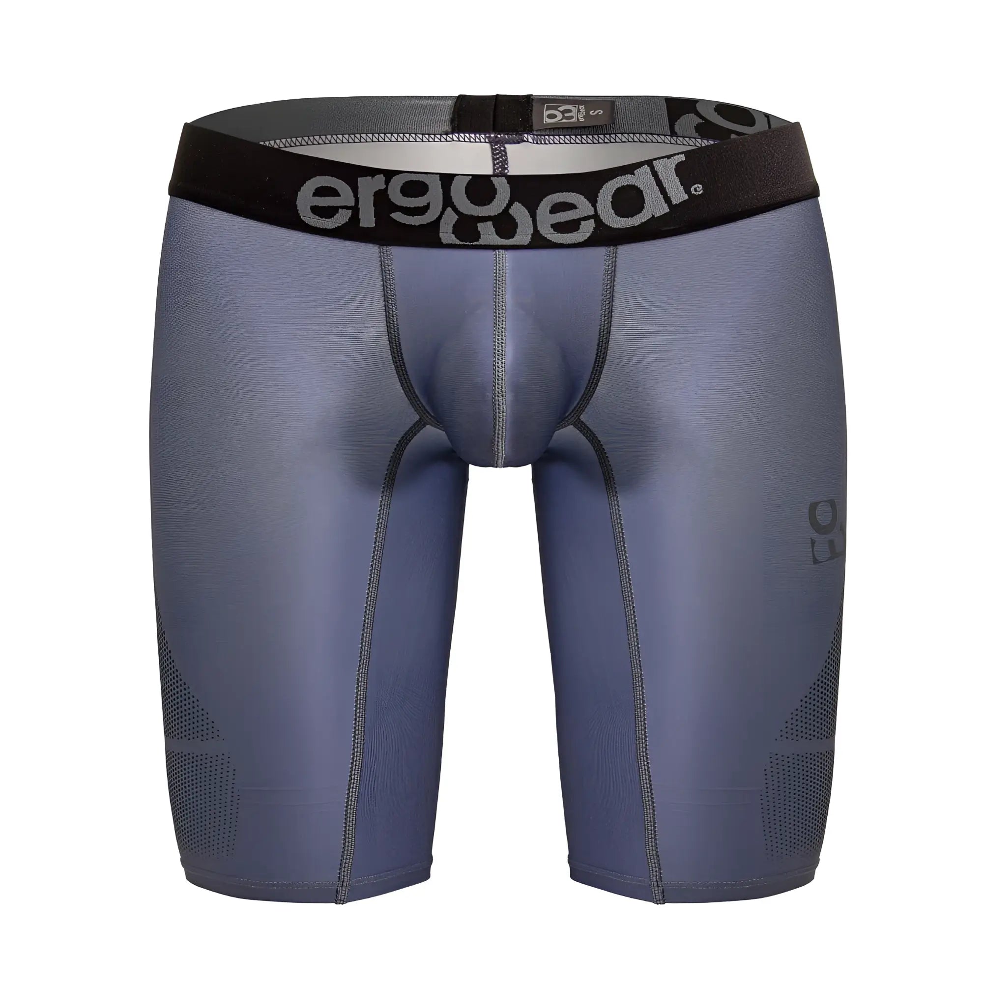 Gray ergonomic compression athletic shorts with black waistband and perforated panels for enhanced breathability