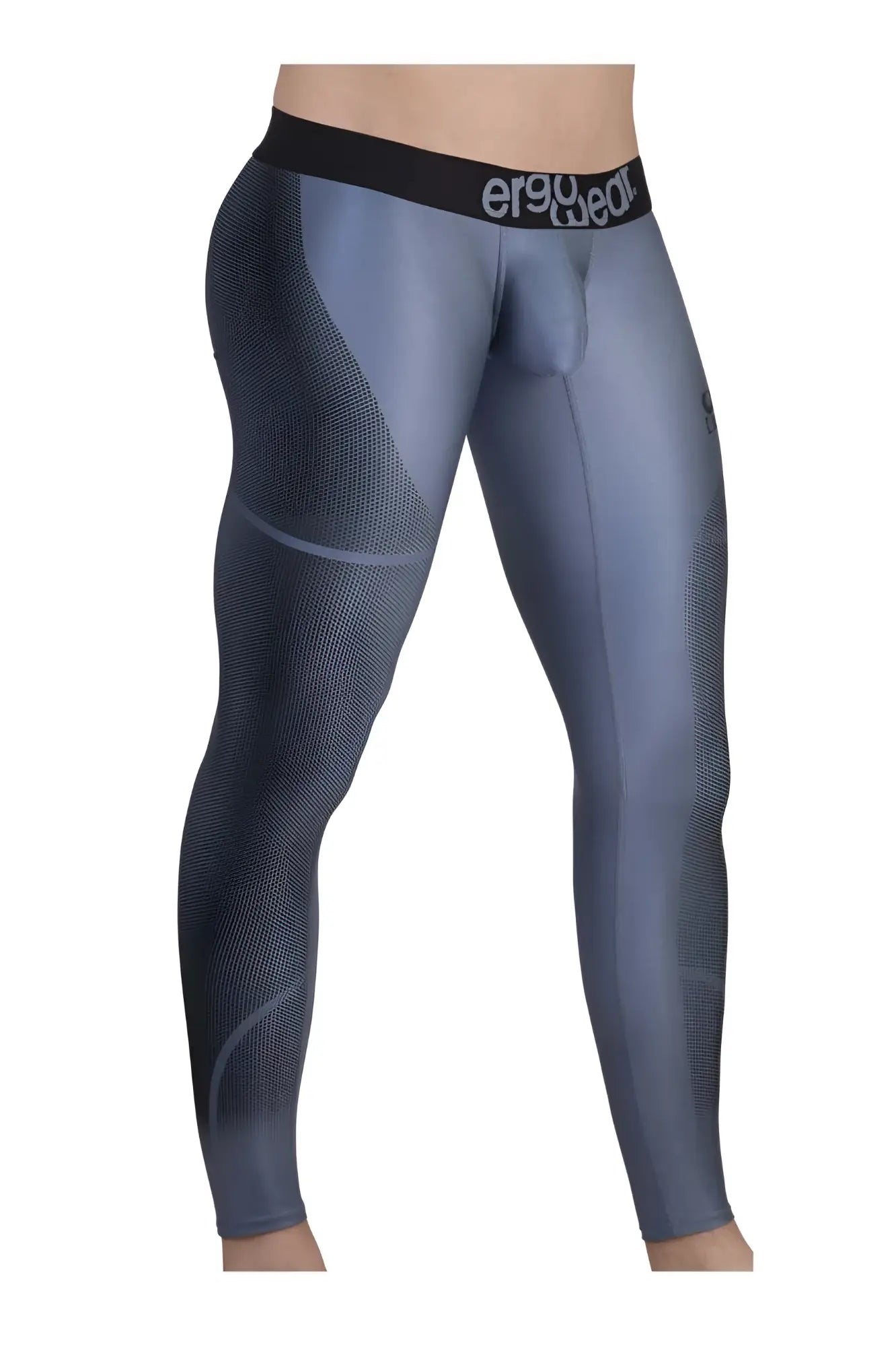 Gray ergonomic compression leggings with black ergo wear logo waistband designed for athletic use