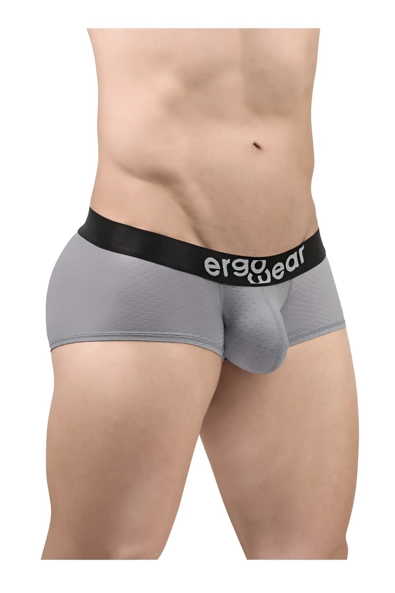 Gray ergonomic briefs with a black waistband featuring the ergo wear logo from ErgoWear EW1684 MAX FLOW trunks