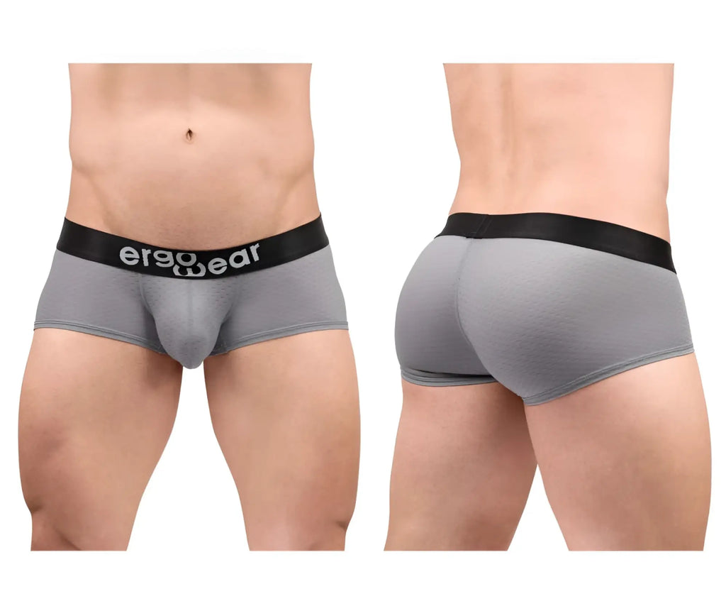 Gray ergo wear ew1684 max flow ergonomic briefs with black waistband featuring ergo wear logo front view