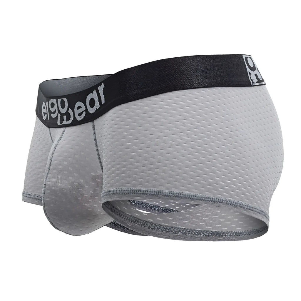 Gray ergo wear ew1684 max flow trunks mesh briefs with black elastic waistband and ergo wear logo