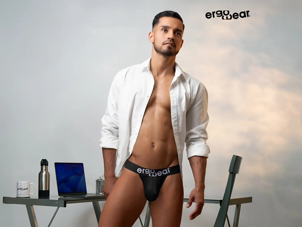 Black ergo wear ergonomic briefs with white branding designed for comfort and support in color black