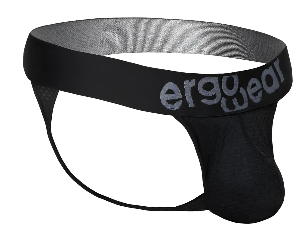 Black ergonomic briefs ergo wear ew1687 max flow g-string with gray logo waistband and perforated mesh fabric front view