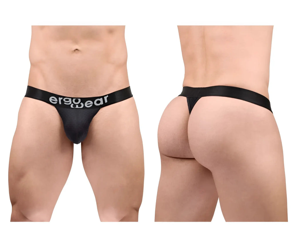 Black ergonomic thong g-string with ergo wear branded waistband designed for comfort and breathability