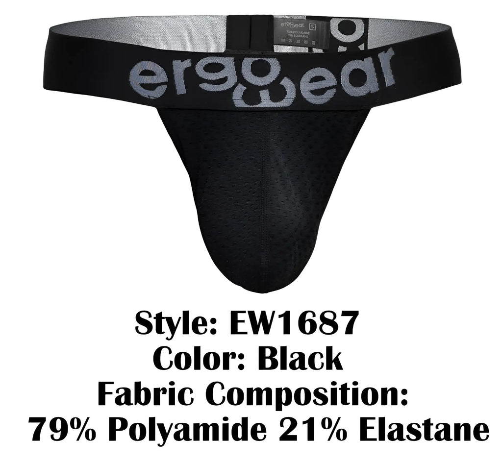 Black ergonomic thong g-string with gray ergo wear logo made of 79 polyamide and 21 elastane fabric