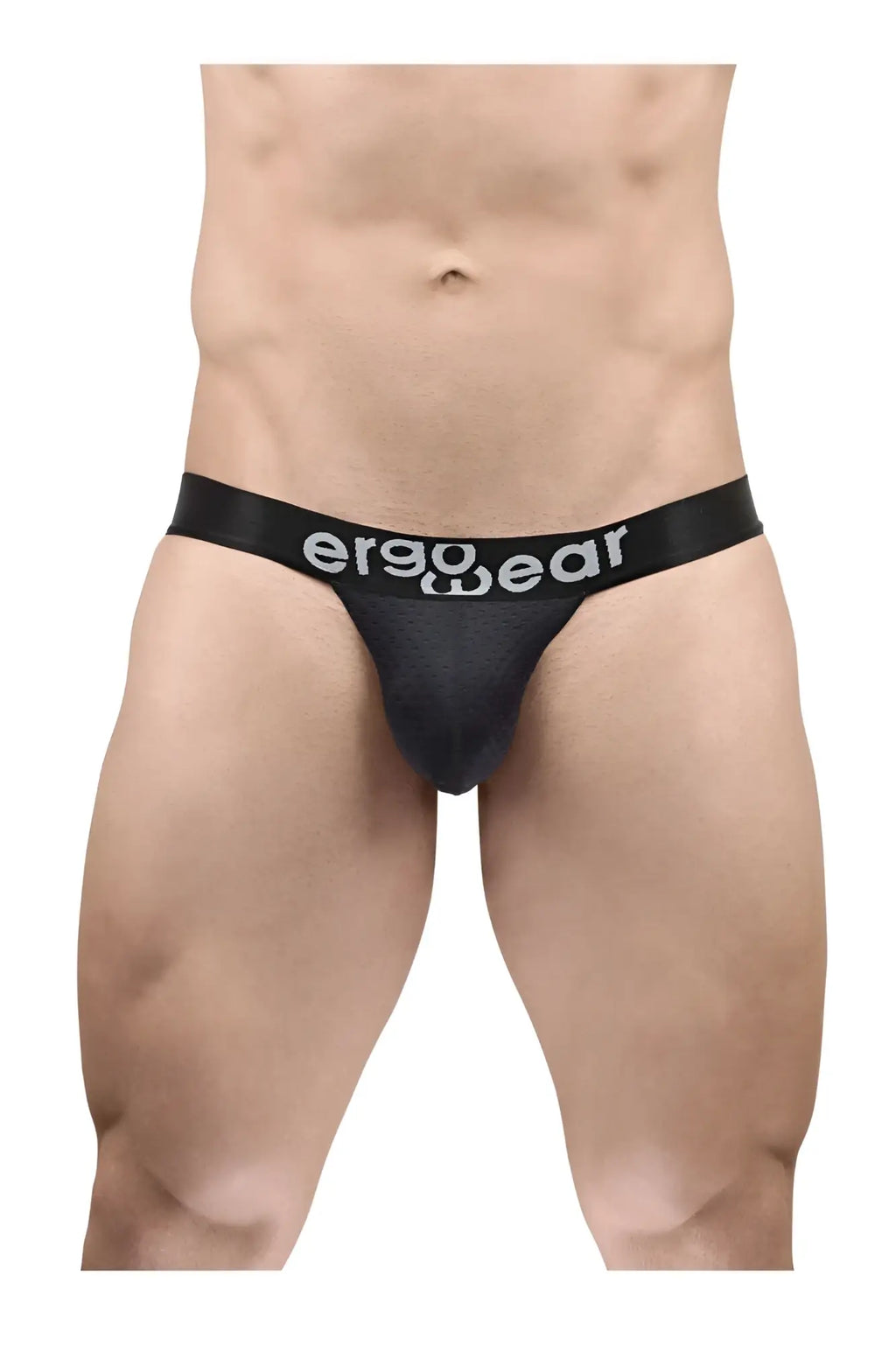 Black ergonomic g-string briefs with white ergo wear logo on waistband featuring max flow fabric for comfort