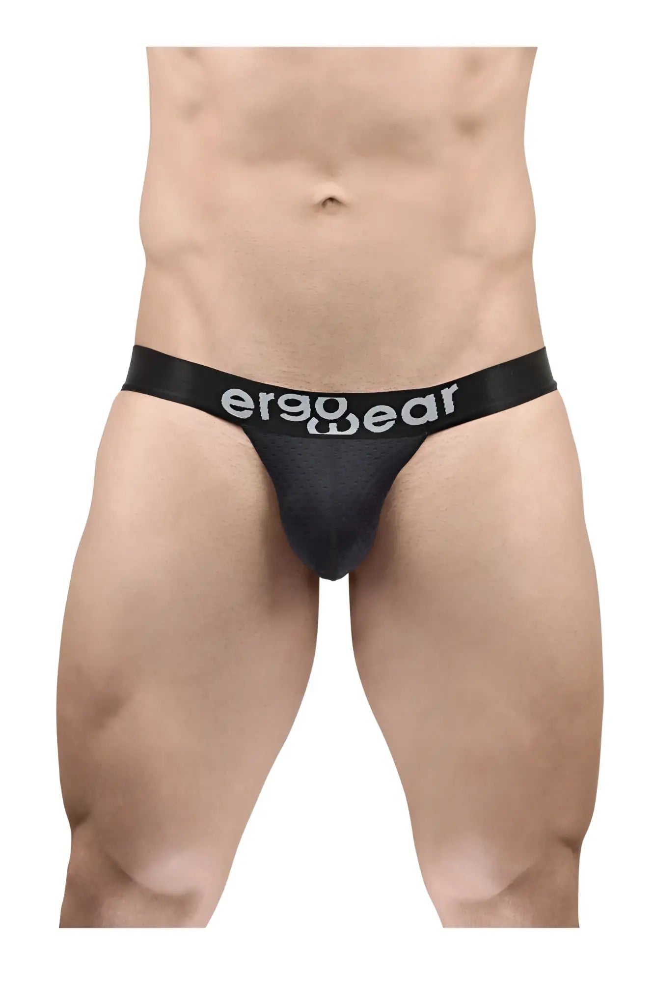 Black ergonomic g-string briefs with white ergo wear logo on waistband featuring max flow fabric for comfort
