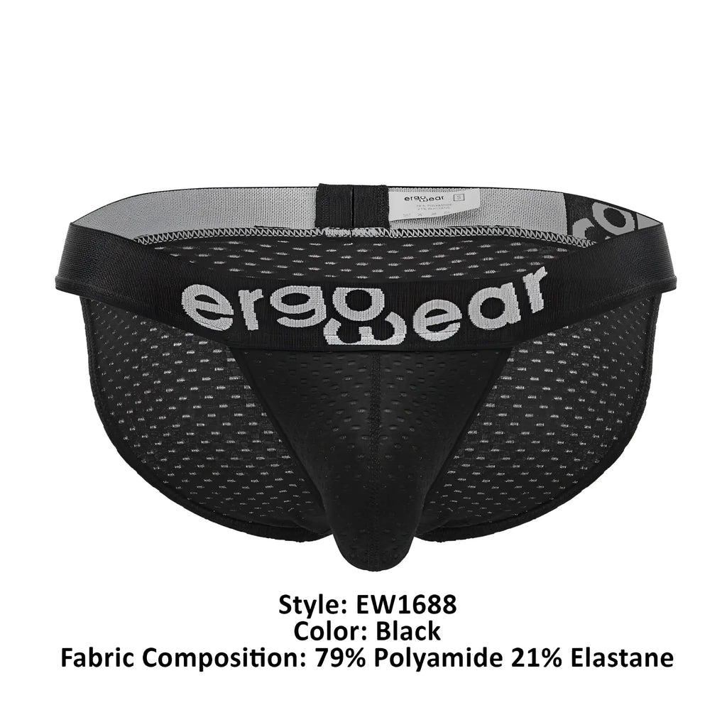 Black ergowear ew1688 max flow bikini briefs with mesh fabric and ergowear branding on the waistband