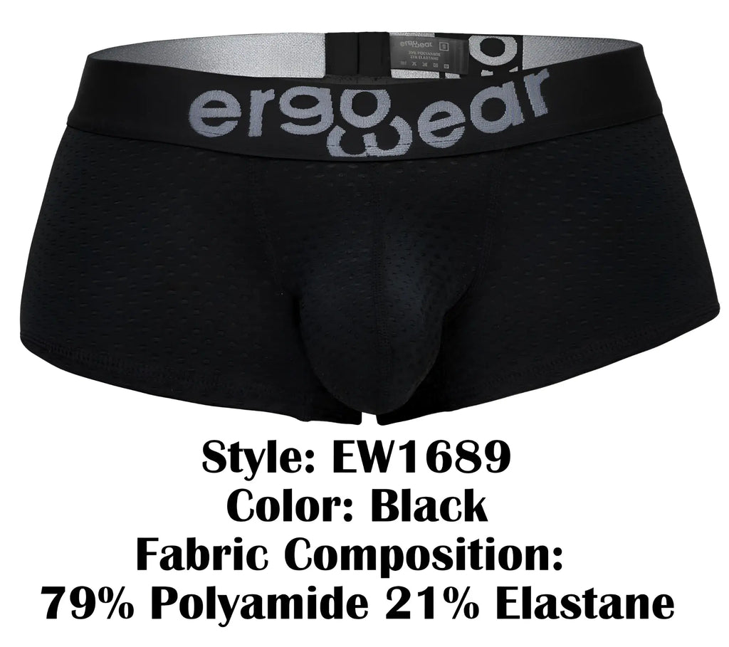 Ergo wear ew1689 max flow trunks in black with perforated mesh texture and gray logo on the waistband