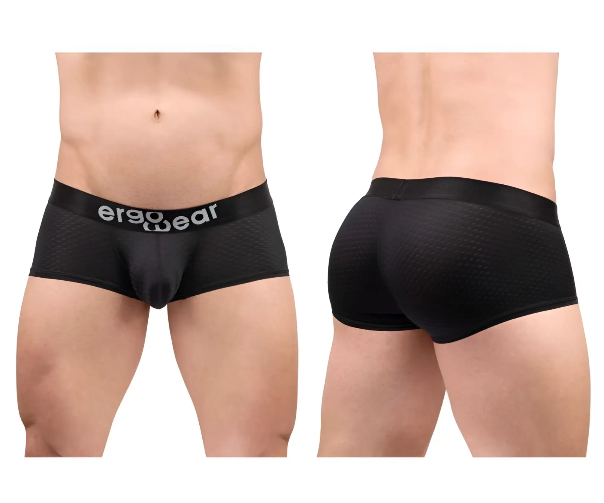 Black ergo wear ew1689 max flow trunks with textured mesh fabric and ergo wear logo waistband front view