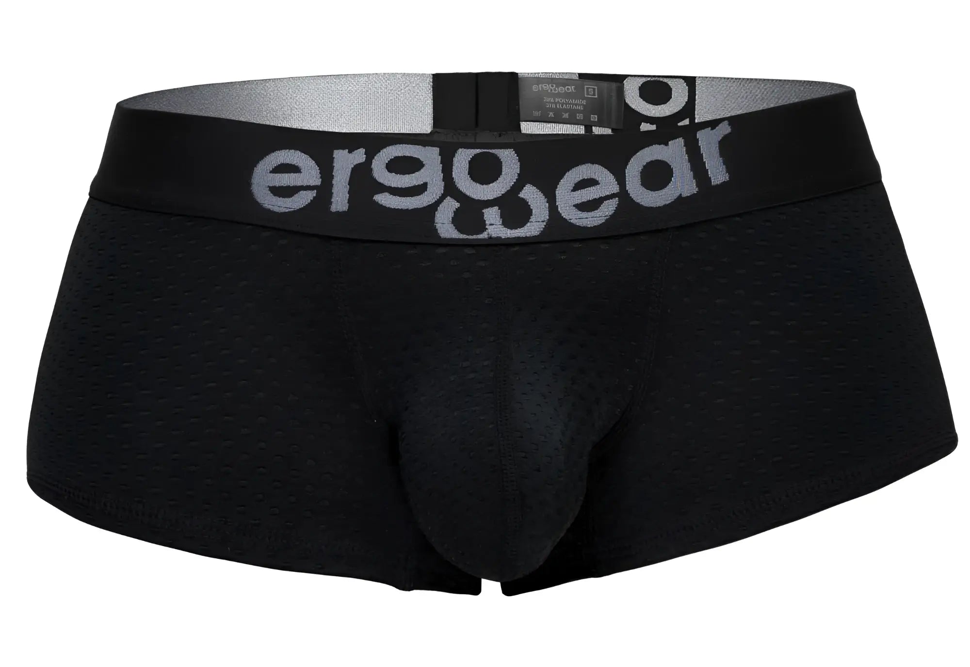 Black ergo wear ew1689 max flow trunks with textured mesh fabric and silver logo on waistband front view