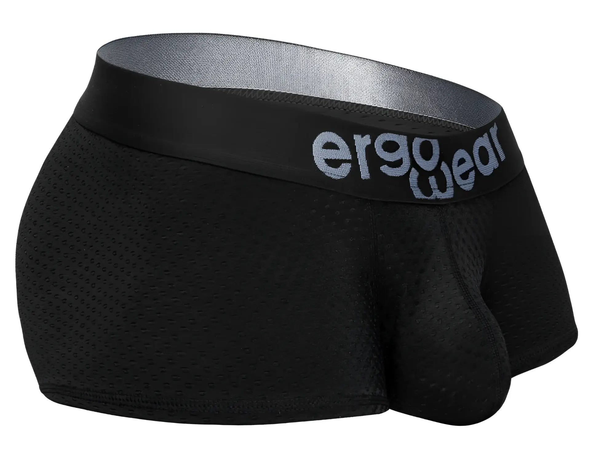 Black ergo wear ew1689 max flow trunks featuring breathable black mesh briefs with gray logo waistband