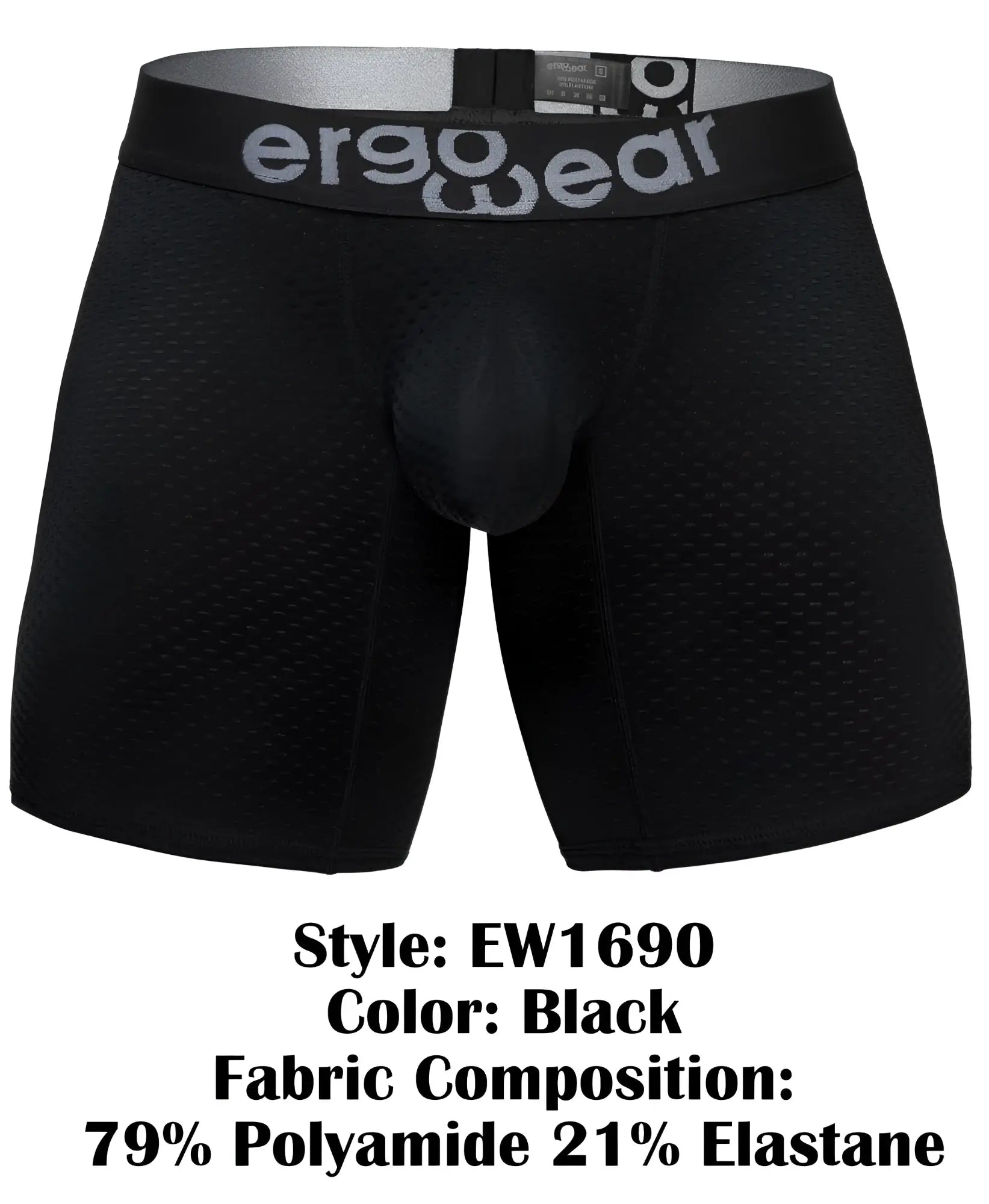 Black ergonomic boxer briefs with mesh texture and ergo wear logo on waistband for breathable comfort
