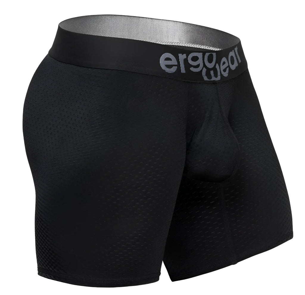 Black ergo wear ew1690 max flow boxer briefs with perforated mesh fabric and gray logo on waistband