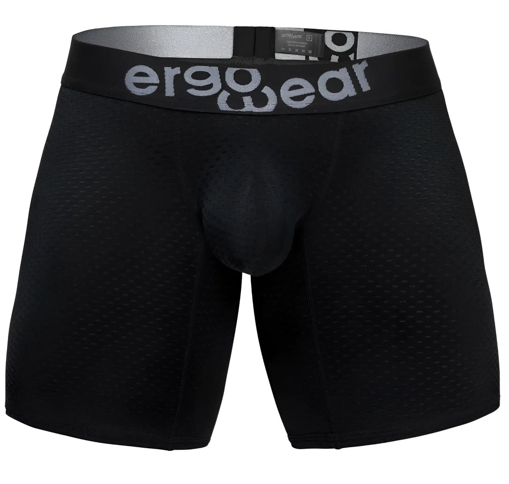 Black ergonomic boxer briefs with textured mesh fabric and gray ergowear branding on the waistband front view