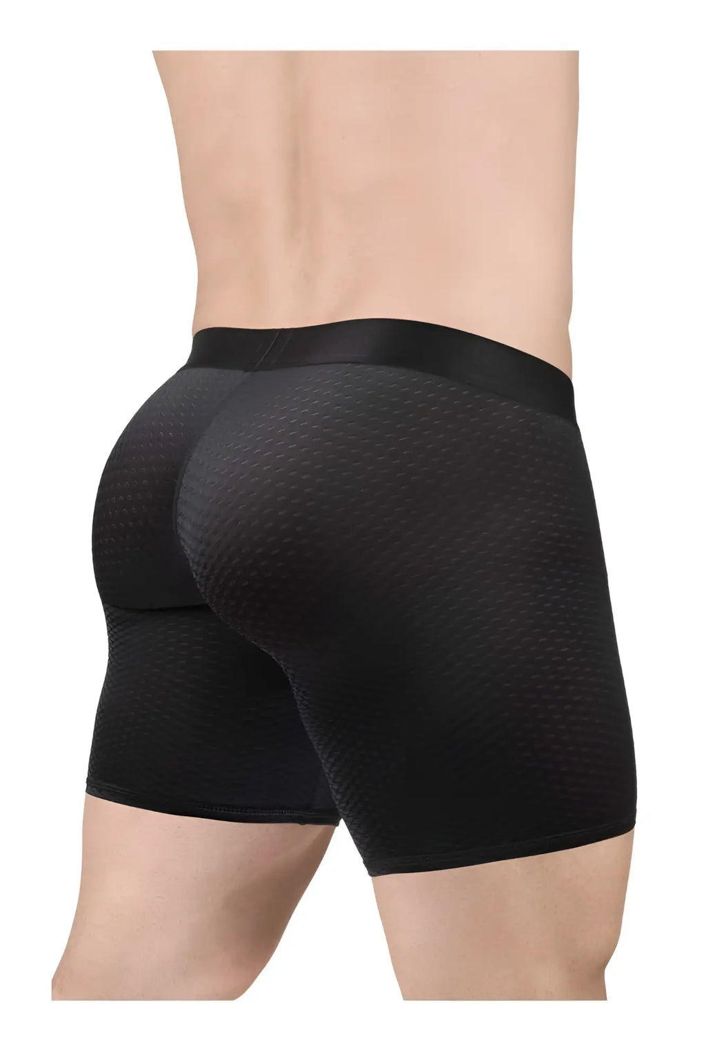 Black mesh-textured men’s ergoWear ew1690 max flow boxer briefs with smooth satin waistband for comfort and breathability