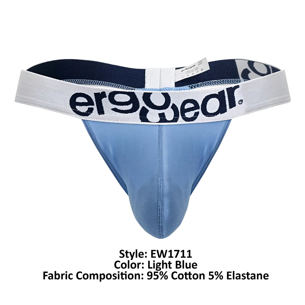 Light blue ergowear ew1711 max cotton thong with white waistband featuring black brand logo