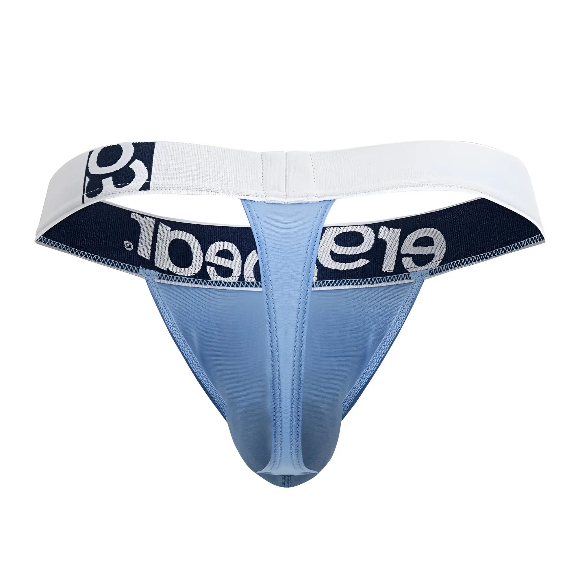 Light blue ErgoWear EW1711 max cotton thong with white and navy elastic waistband featuring brae branding