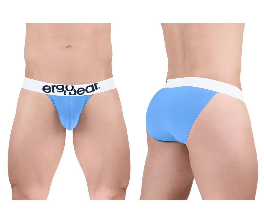 Light blue ergonomic cotton briefs with a white waistband featuring the ergo wear logo in black text