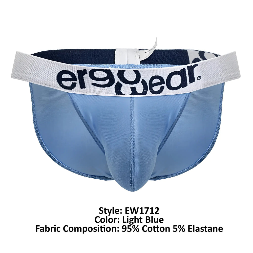 Light blue ergo wear ew1712 max cotton men’s briefs with white waistband and black er9wear logo
