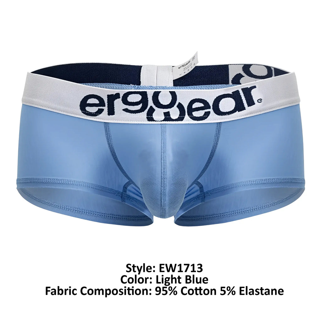 Light blue ergonomic cotton trunks with white waistband featuring ergo wear logo in black lettering