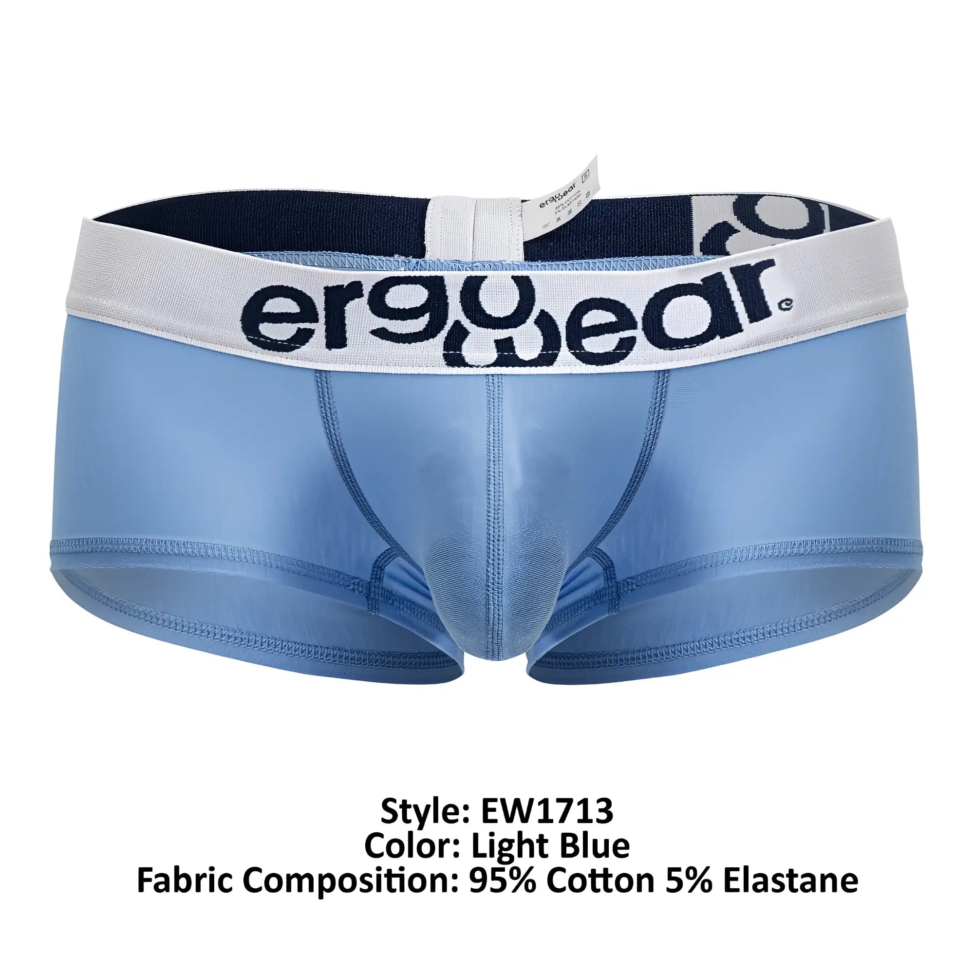 Light blue ergonomic cotton trunks with white waistband featuring ergo wear logo in black lettering