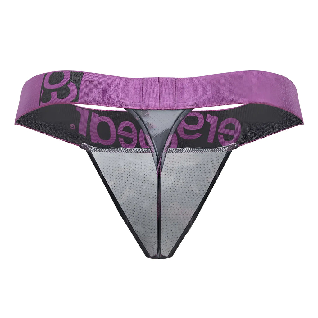 Purple and black mesh thong with elegance branding on the waistband from ergowear ew1714 max se camo g-string pink collection