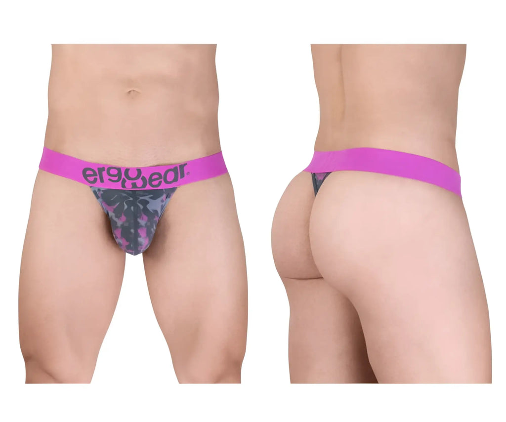 Men’s brief with vibrant pink ergo wear waistband and dark gray purple tropical leaf pattern in max se camo style