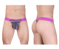 Men’s brief with vibrant pink ergo wear waistband and dark gray purple tropical leaf pattern in max se camo style