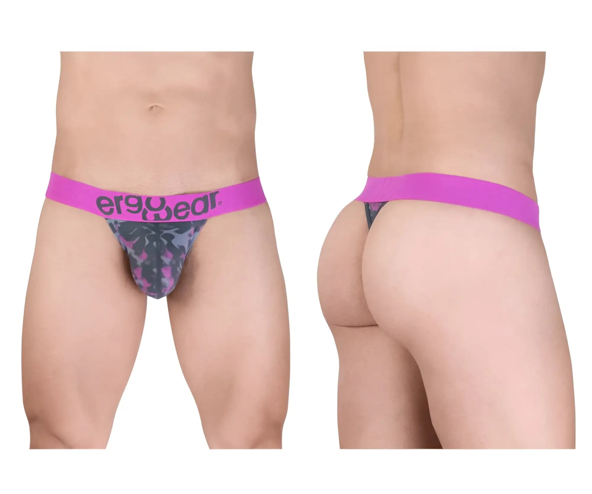 Men’s brief with vibrant pink ergo wear waistband and dark gray purple tropical leaf pattern in max se camo style