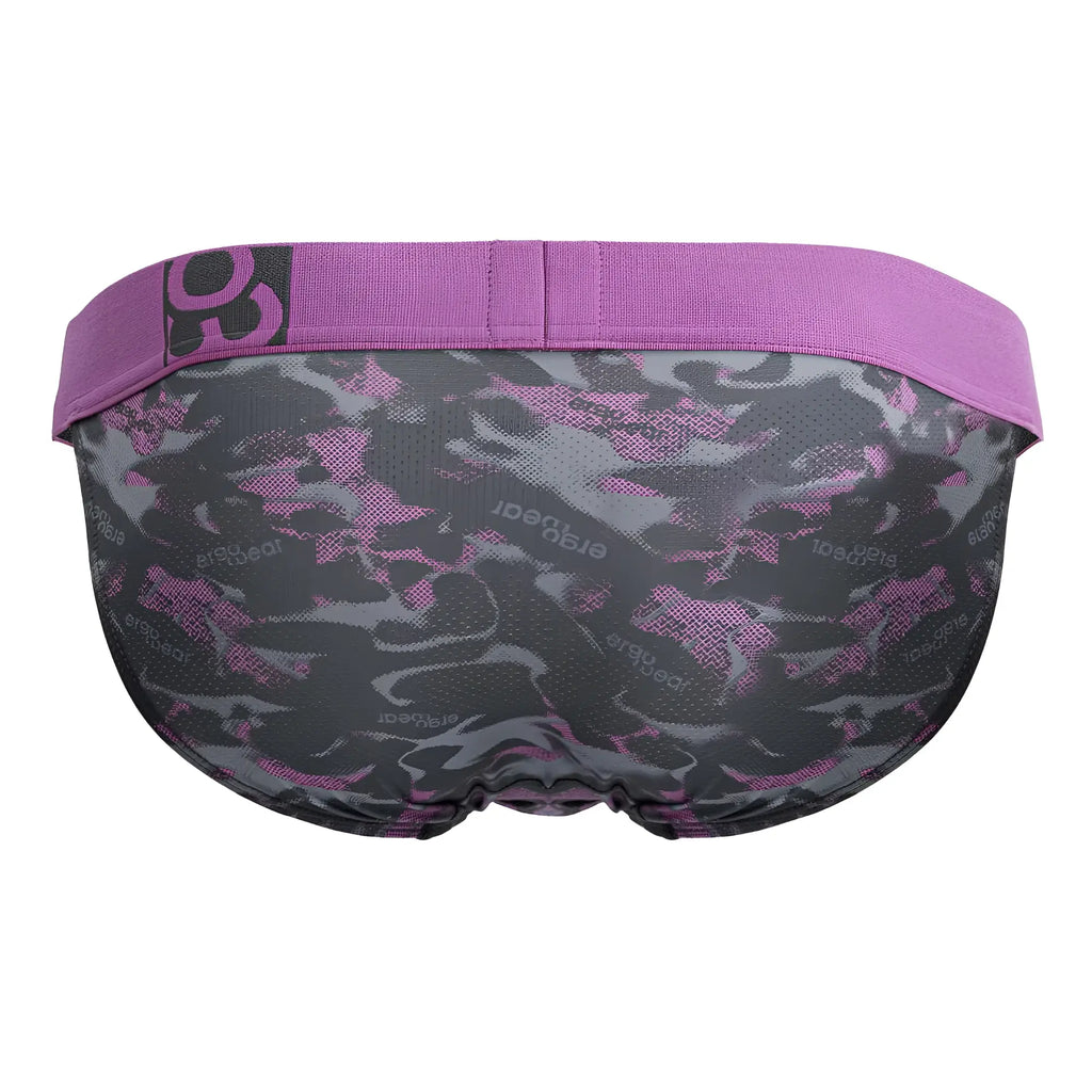 Purple and gray camouflage pattern men’s briefs with solid purple waistband ergo wear ew1715 max se camo bikini pink