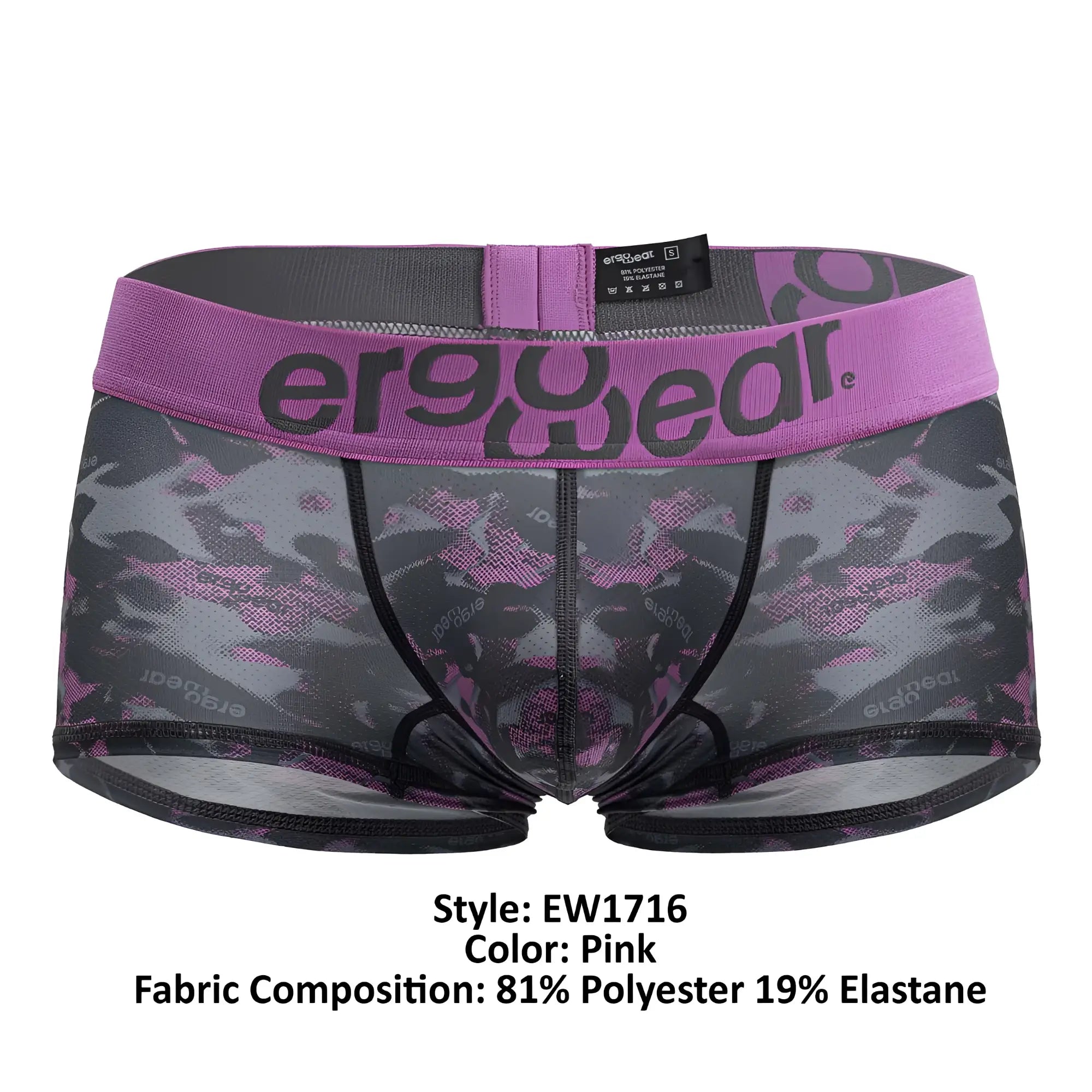 Pink camouflage patterned ergowear ew1716 max se camo trunks with purple waistband and black trim for men