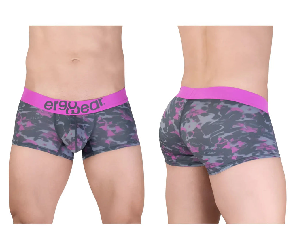 Pink and gray camouflage men’s briefs with bright pink ergo wear waistband soft fabric for everyday comfort