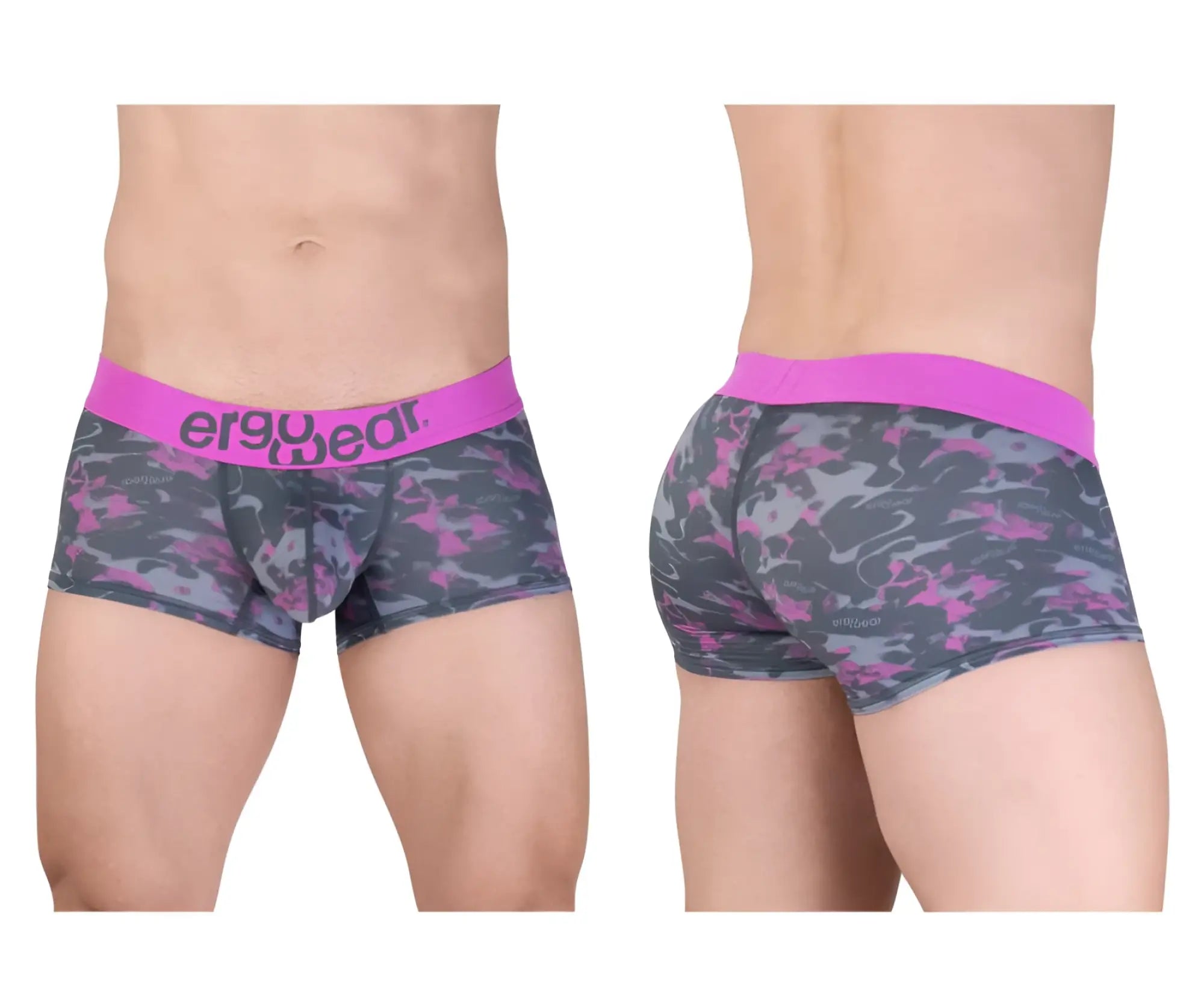 Pink and gray camouflage men’s briefs with bright pink ergo wear waistband soft fabric for everyday comfort