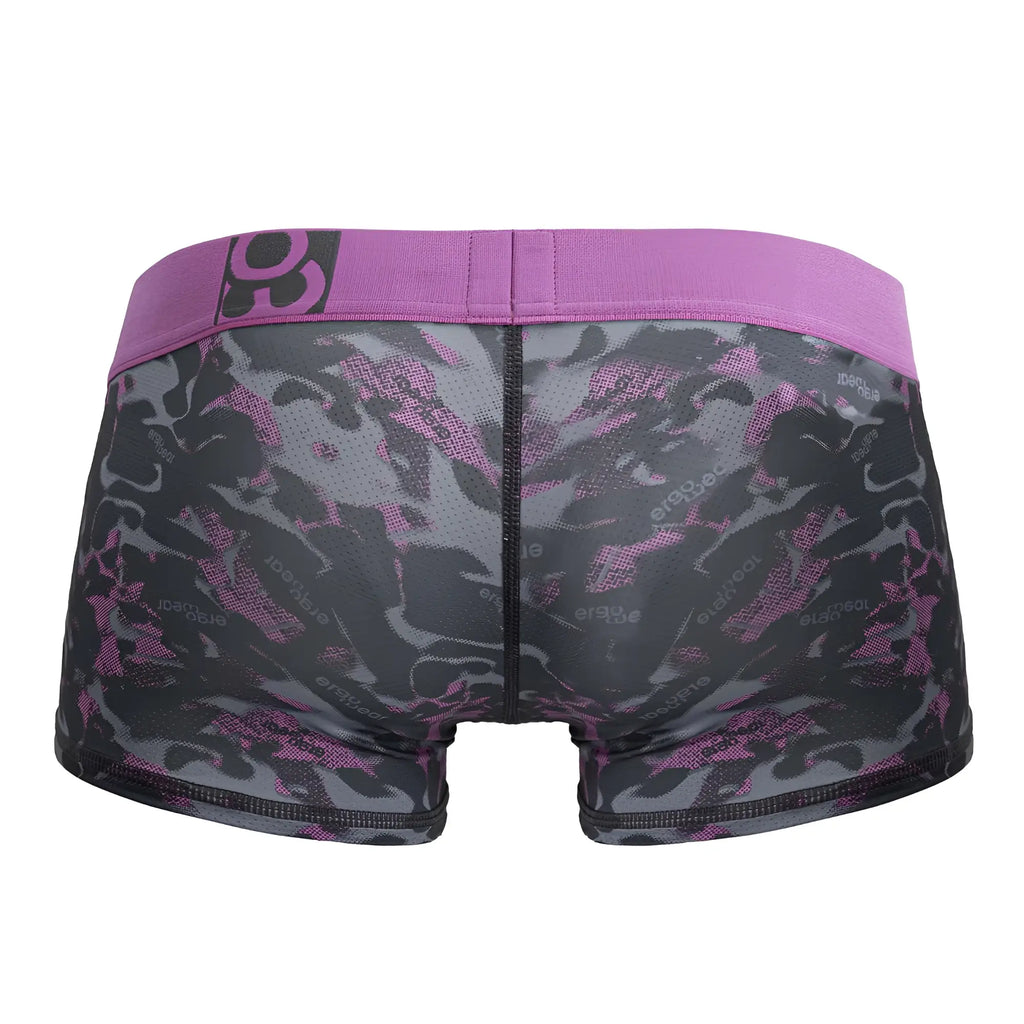 Ergo wear ew1716 max se camo trunks pink purple and black camouflage boxer briefs with solid purple waistband front view
