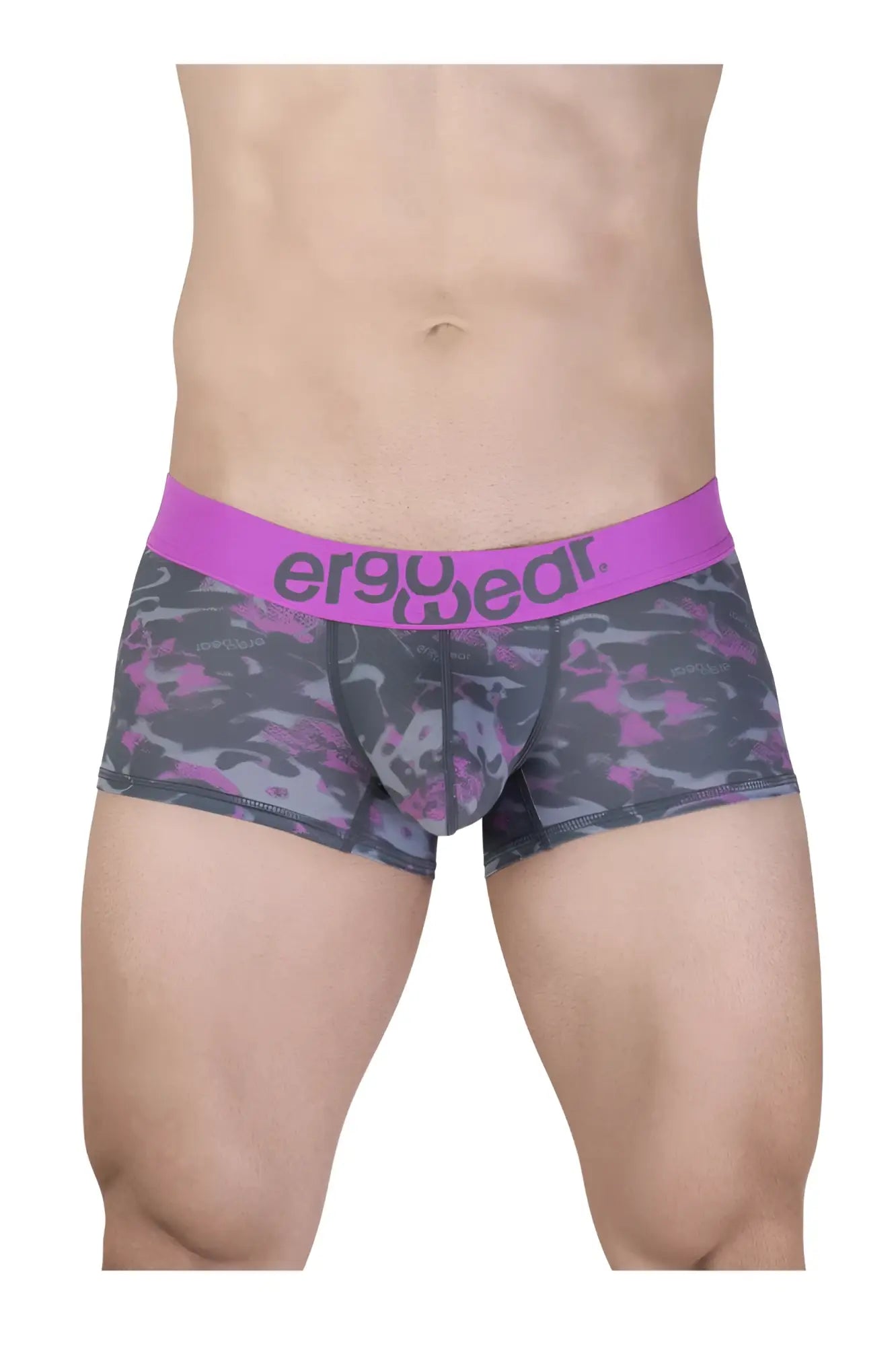 Purple and gray camouflage men’s briefs with a bright pink ergowear waistband ew1716 max se camo trunks