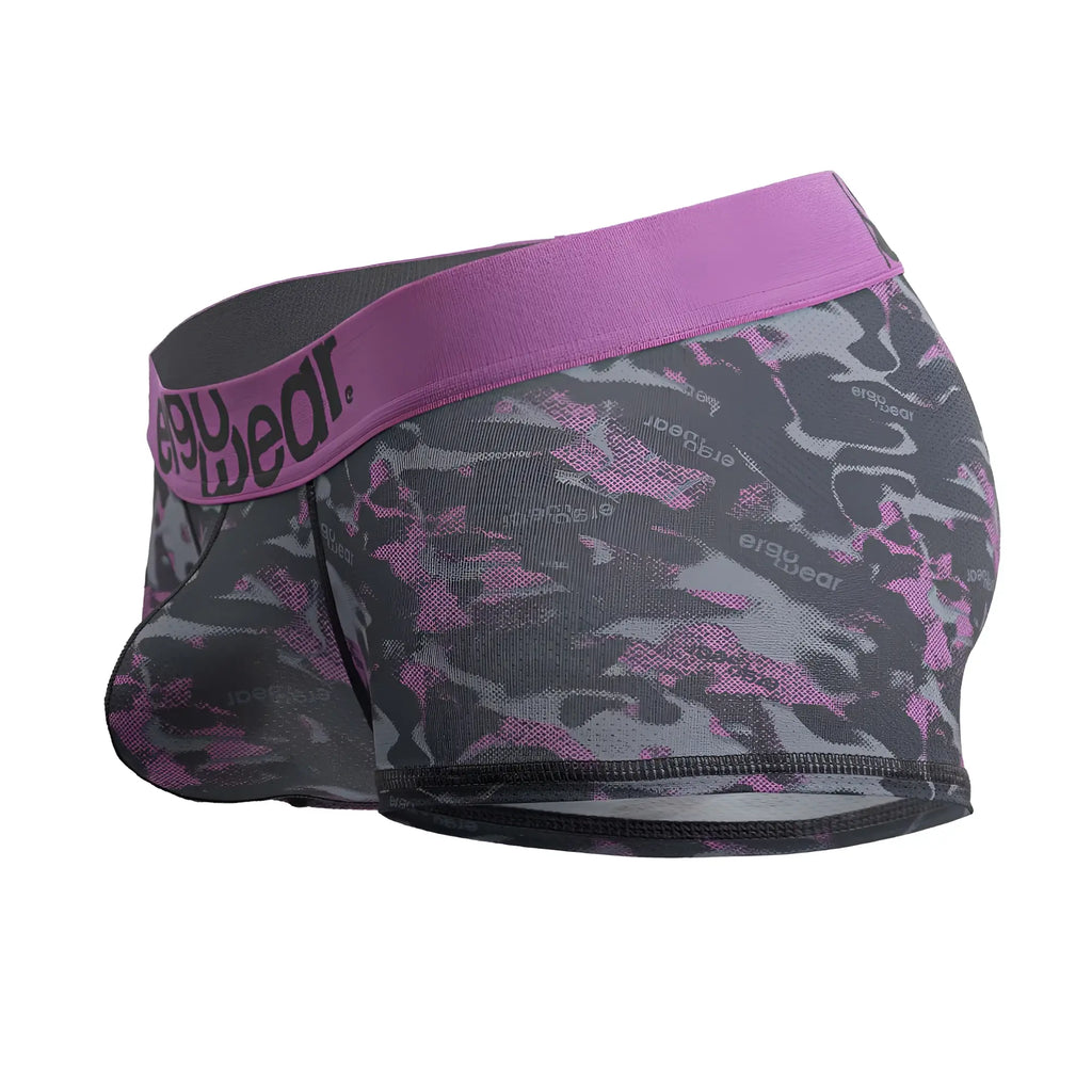 Purple and gray camouflage patterned ergo wear ew1716 max se camo men’s boxer briefs with solid purple waistband pink color