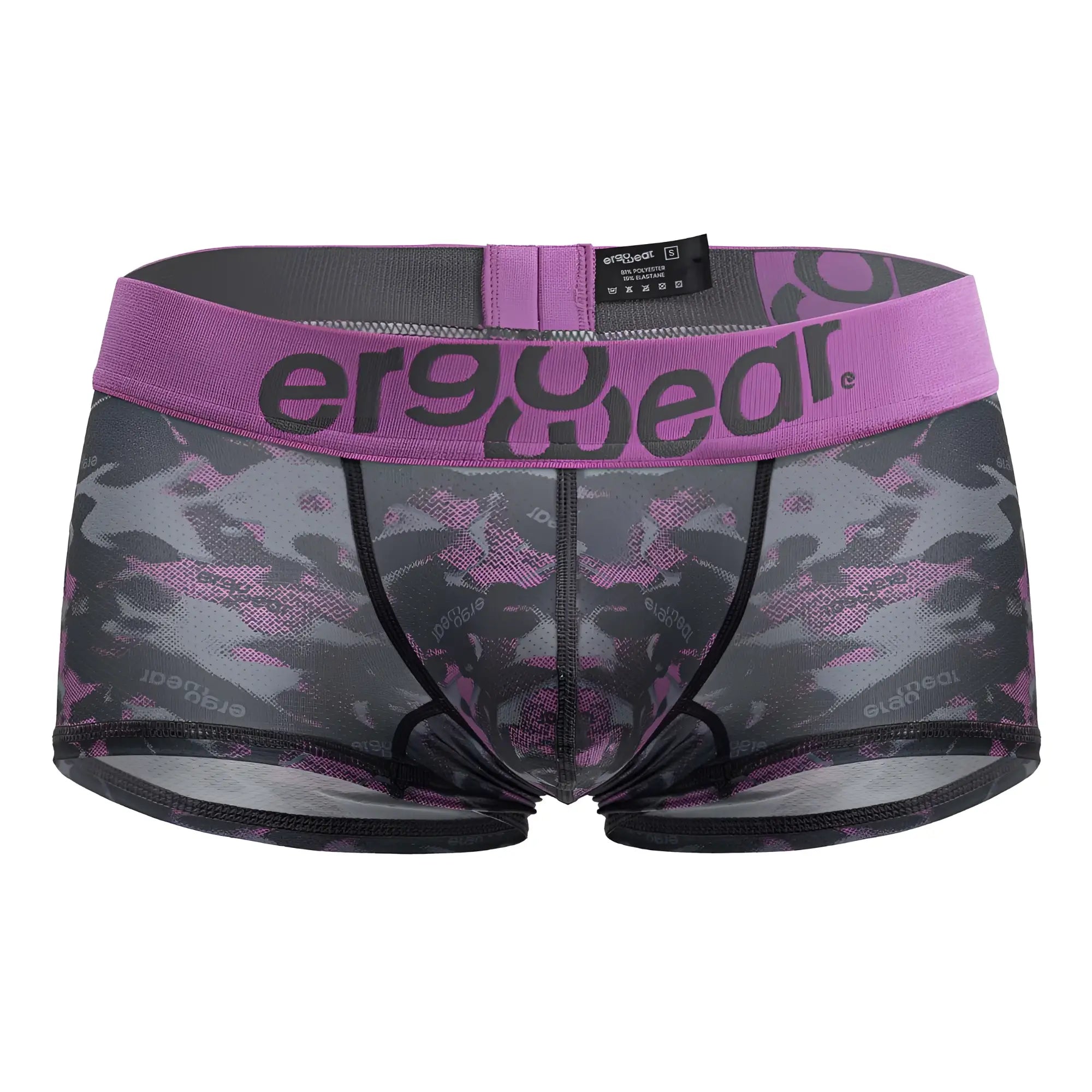Purple and gray camouflage patterned men’s briefs with ergogear waistband from ergowear ew1716 max se camo trunks pink