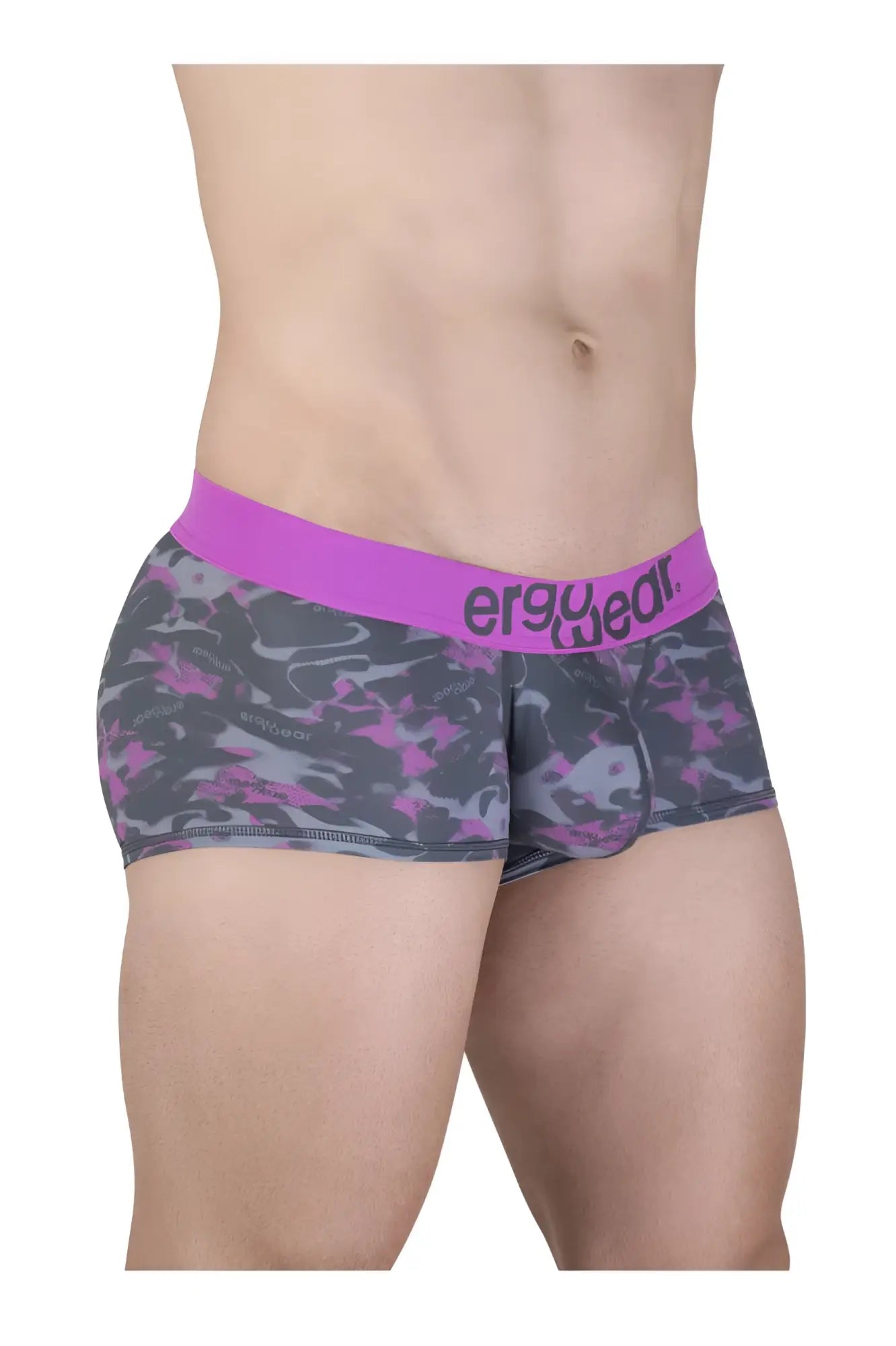 Purple and gray camouflage patterned men’s briefs with solid purple waistband and ergo wed brand name in pink color