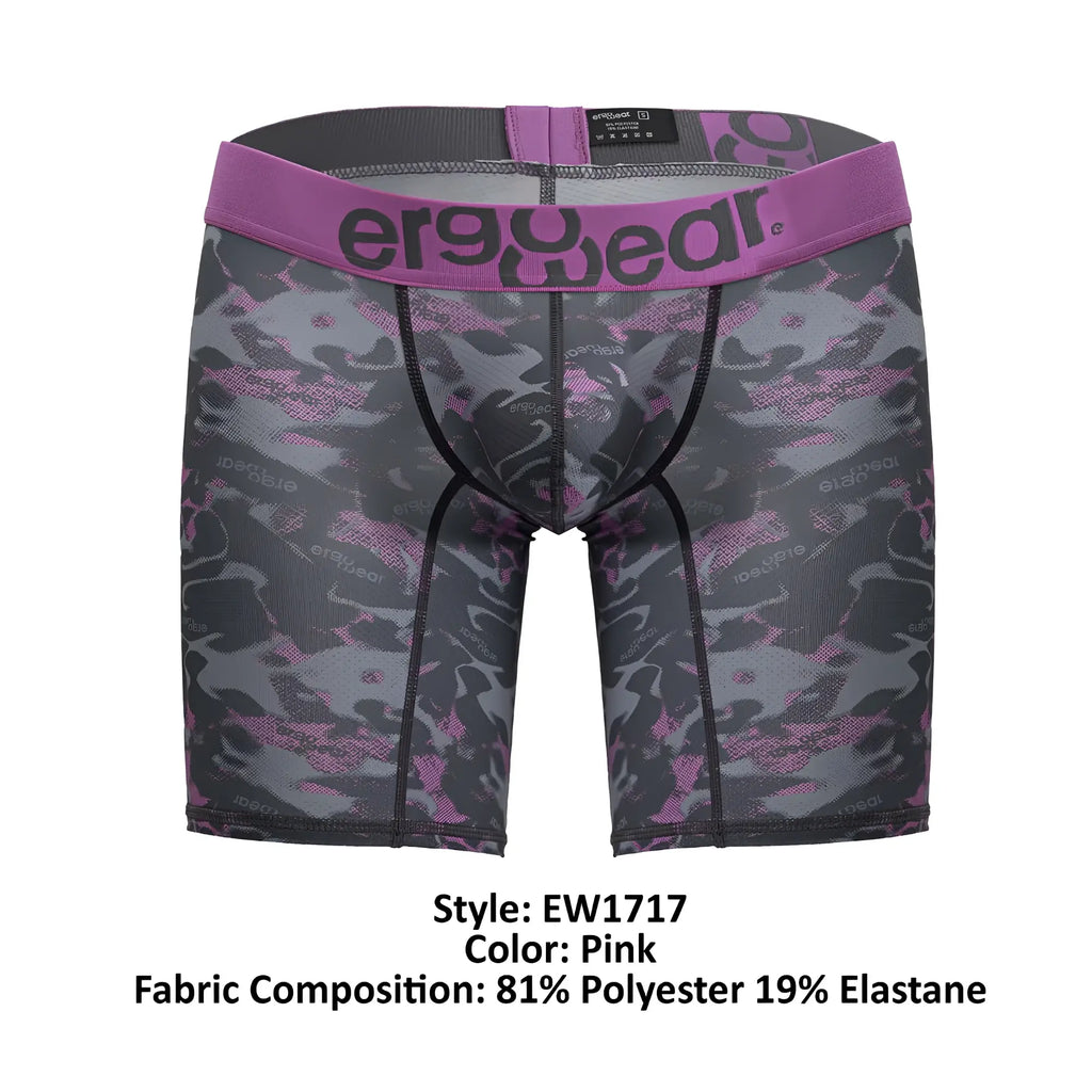 Pink camouflage-patterned ergoWear ew1717 max se camo boxer briefs with purple logo waistband for comfortable wear