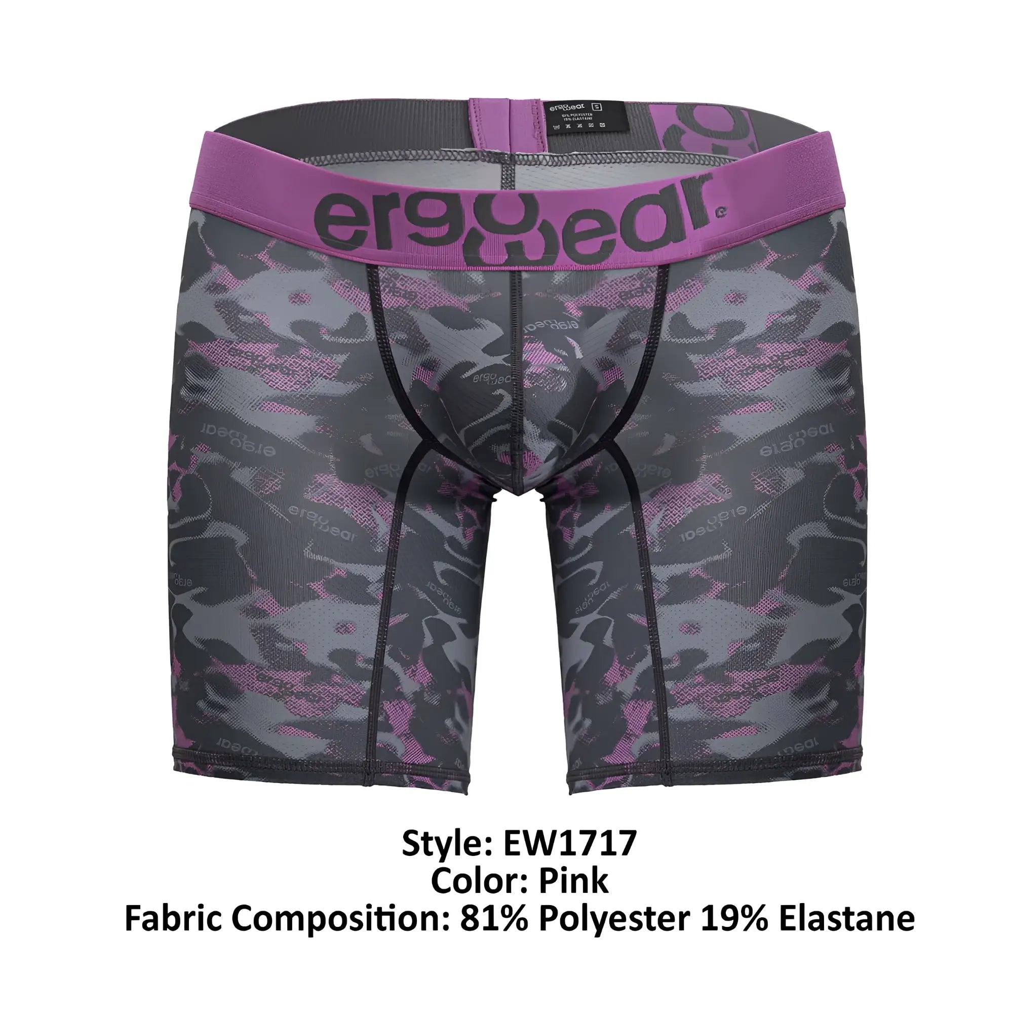 Pink camouflage-patterned ergoWear ew1717 max se camo boxer briefs with purple logo waistband for comfortable wear