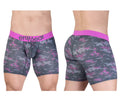 Men’s ergo wear ew1717 max se camo boxer briefs in pink and gray camouflage with bright pink waistband