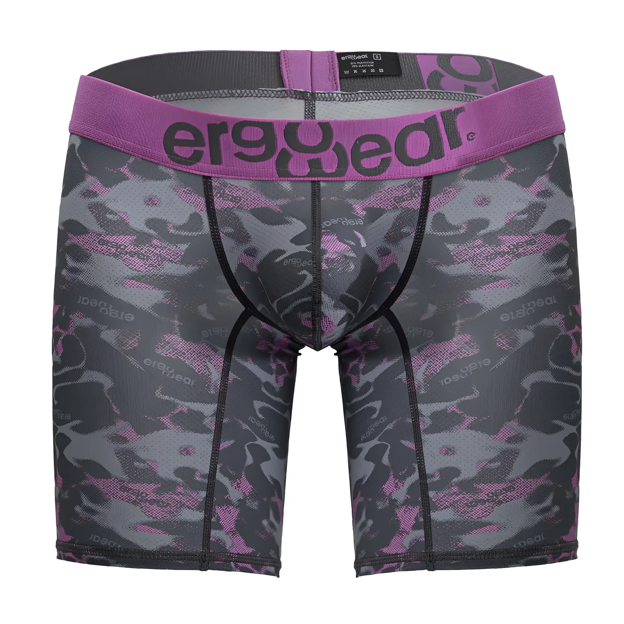 Purple and gray camouflage patterned men’s boxer briefs with ergowear logo on waistband in pink color model ew1717 max se camo