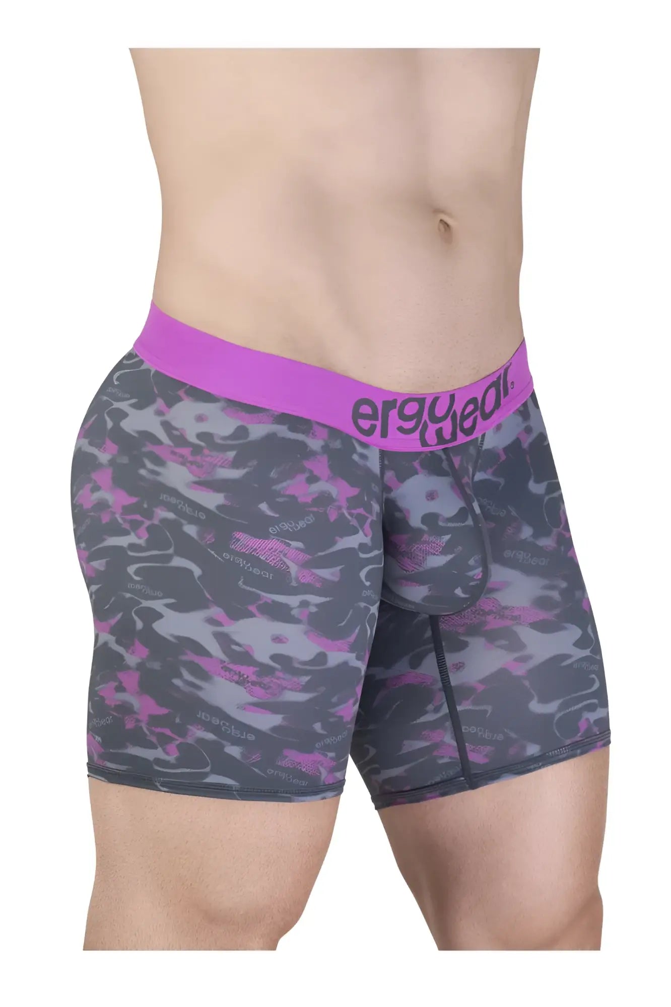 Ergowear ew1717 max se camo boxer briefs in purple gray camouflage with bright pink waistband featuring brand name