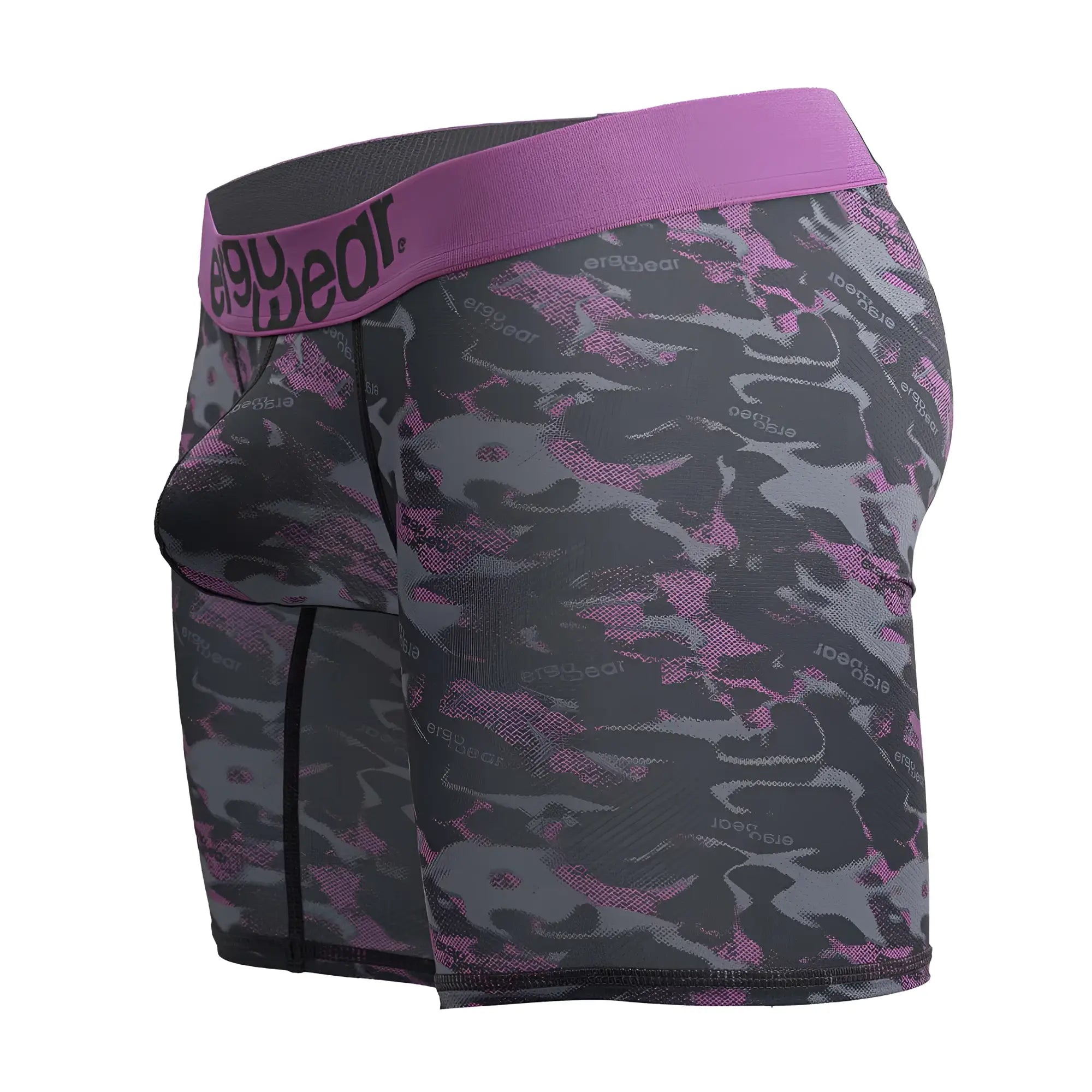 Purple and gray camouflage men’s boxer briefs with branded elastic waistband by ergowear ew1717 max se camo pink